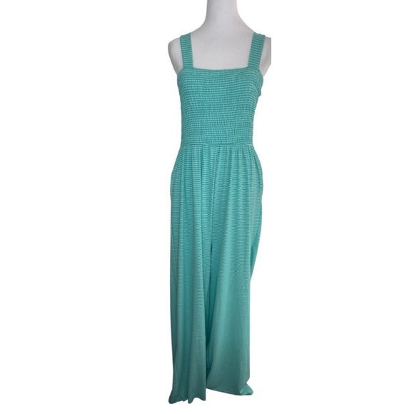 NWOT ZENANA SMOCKED TOP STRIPED JUMPSUIT WIDE LEG VACATION RESORT WEAR SIZE XLG - Picture 1 of 14